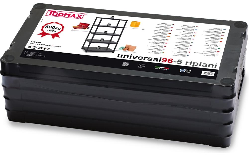 Toomax Freistehendes Büro-/Lagerregal – 5 Böden – 90 × 60 × 180 cm – 100 kg/Boden – Schwarz – Kunststoff