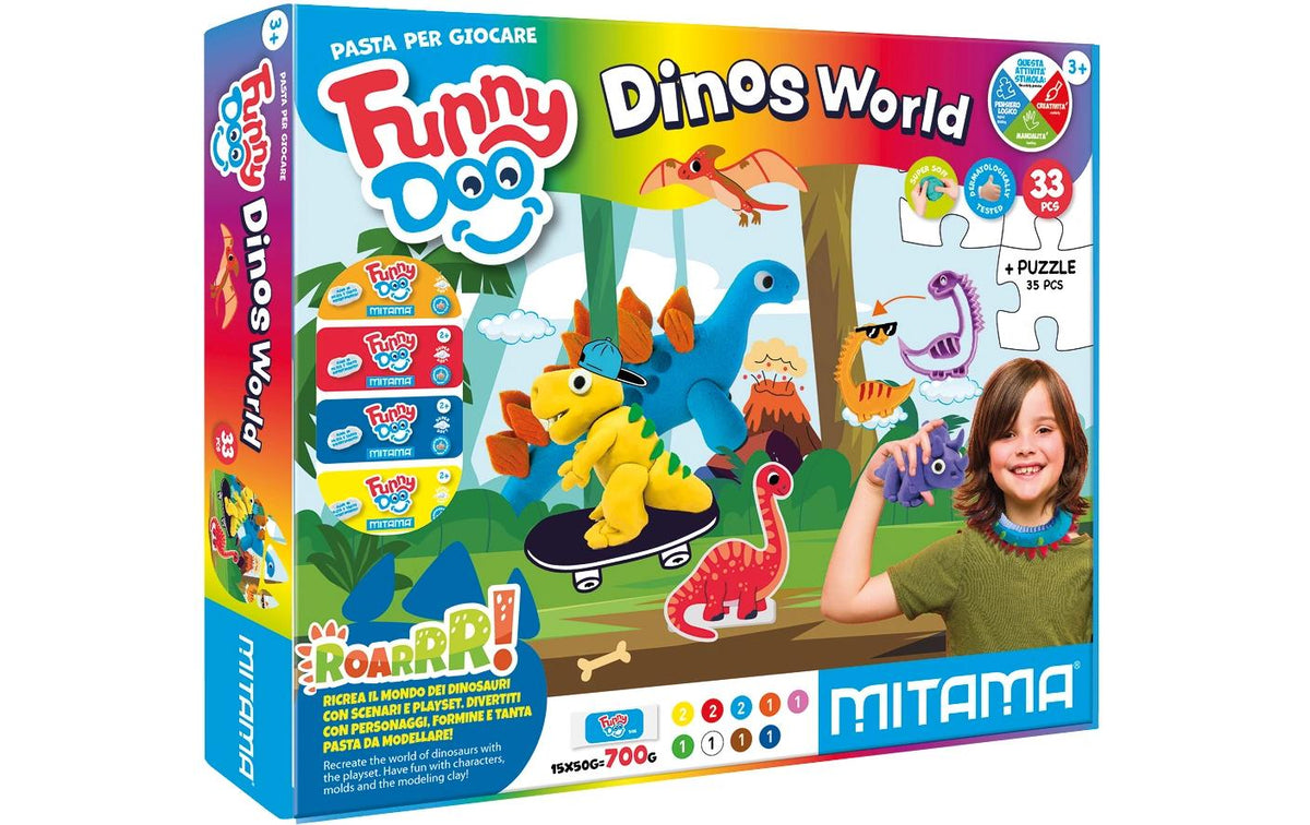 Mitama Funny Doo – Knete-/Modelliermasse-Set – Dinos World – 750 g – 33-teilig – weichbleibend – ab 3 Jahren