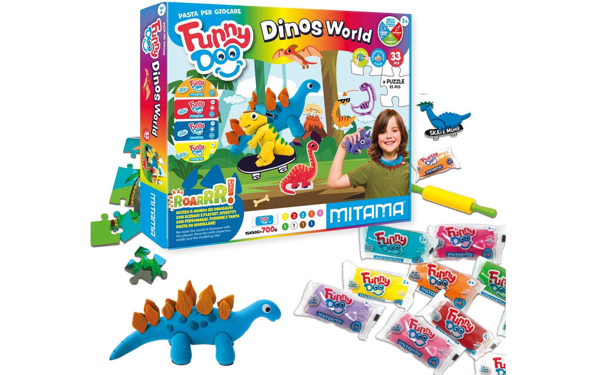Mitama Funny Doo – Knete-/Modelliermasse-Set – Dinos World – 750 g – 33-teilig – weichbleibend – ab 3 Jahren