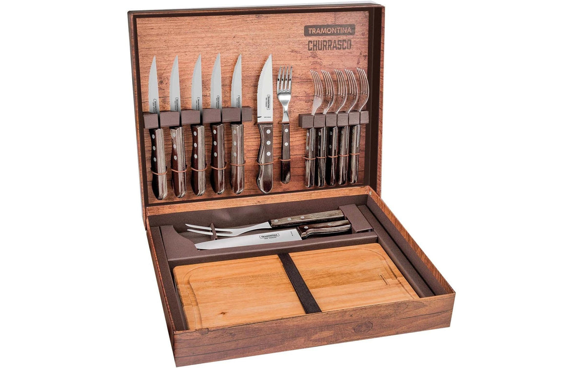 Tramontina 15-teiliges Grillbesteck-Set, 23 × 43 × 7 cm, Edelstahl/Holz, Braun, spülmaschinenfest