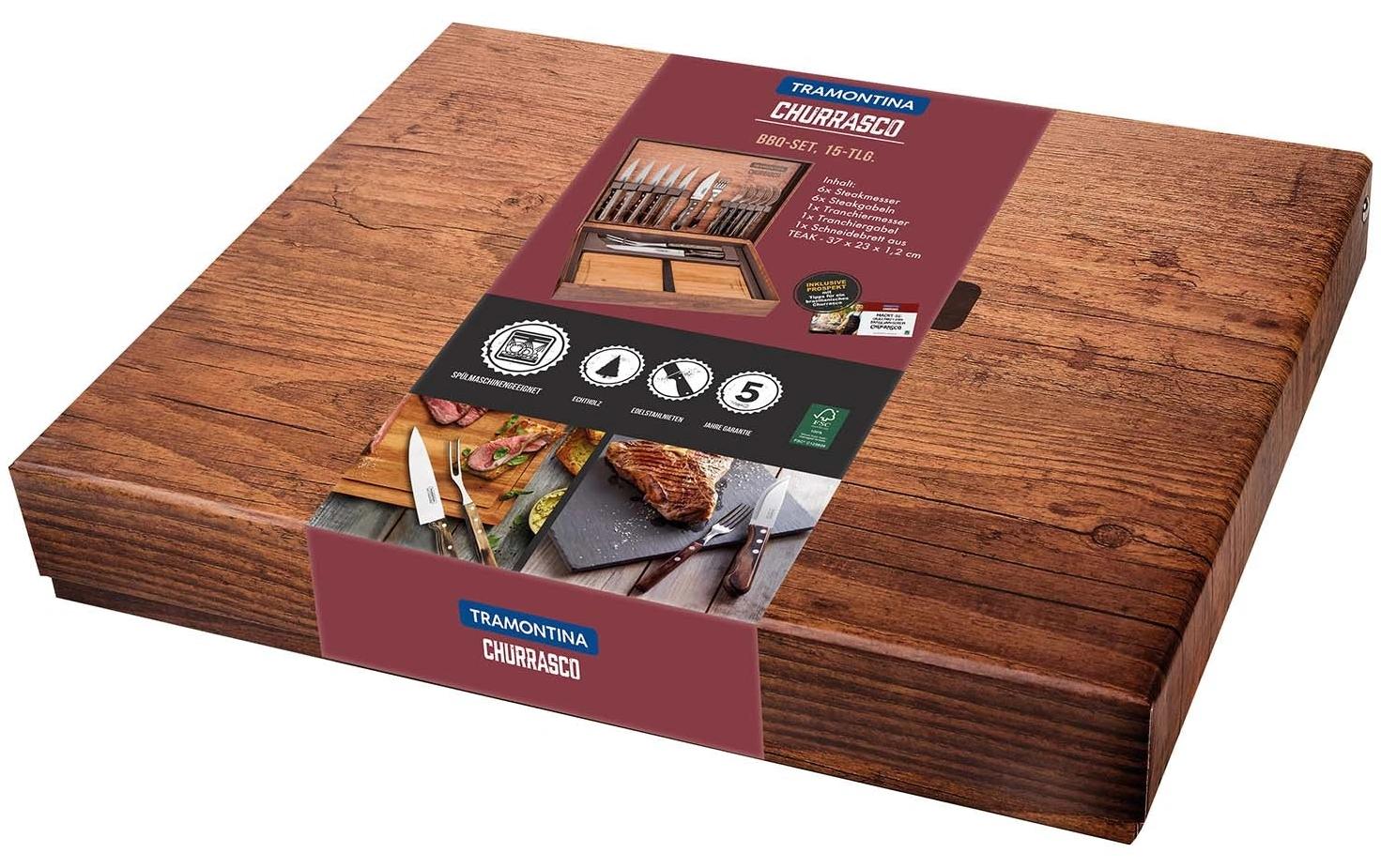 Tramontina 15-teiliges Grillbesteck-Set, 23 × 43 × 7 cm, Edelstahl/Holz, Braun, spülmaschinenfest