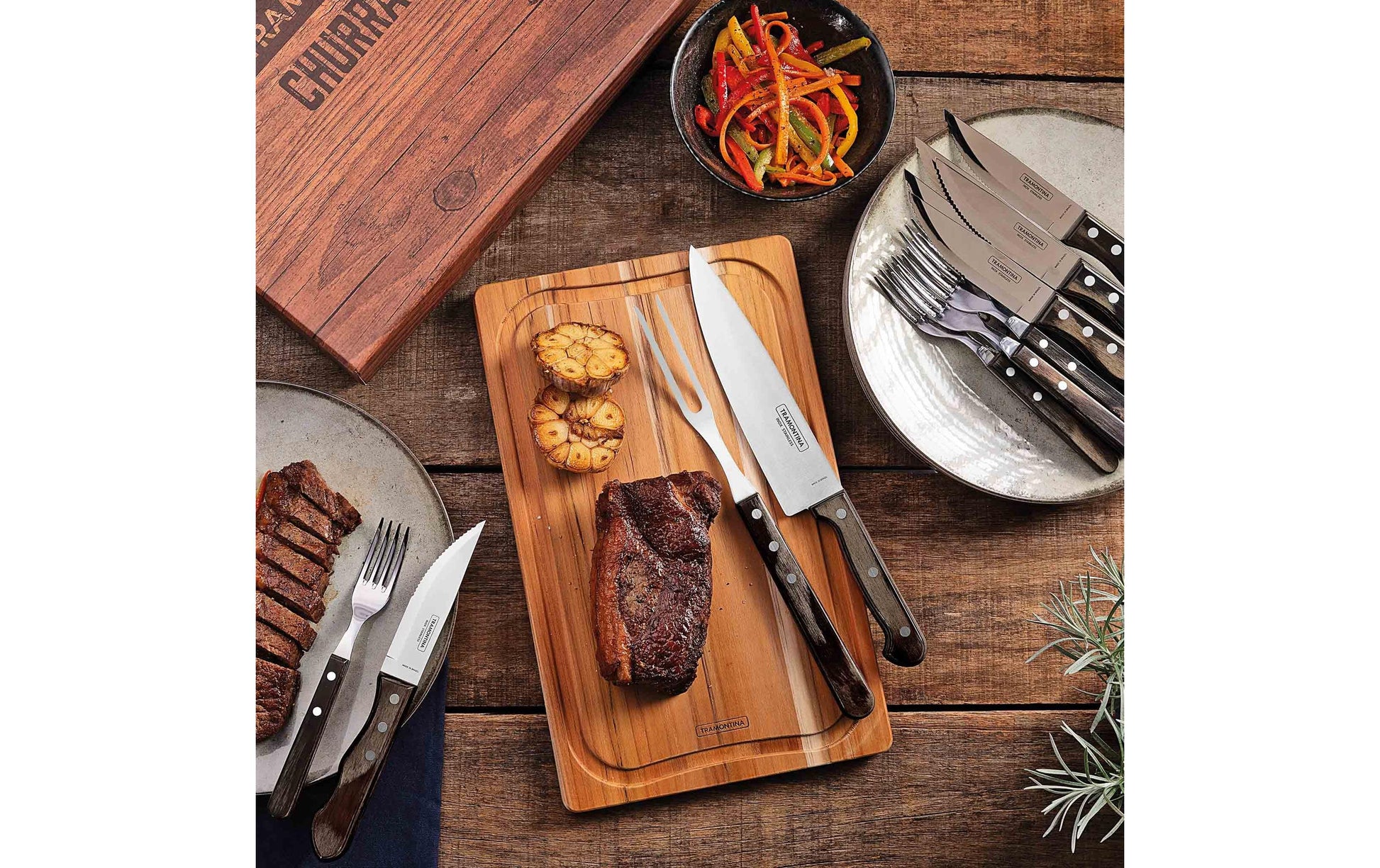 Tramontina 15-teiliges Grillbesteck-Set, 23 × 43 × 7 cm, Edelstahl/Holz, Braun, spülmaschinenfest