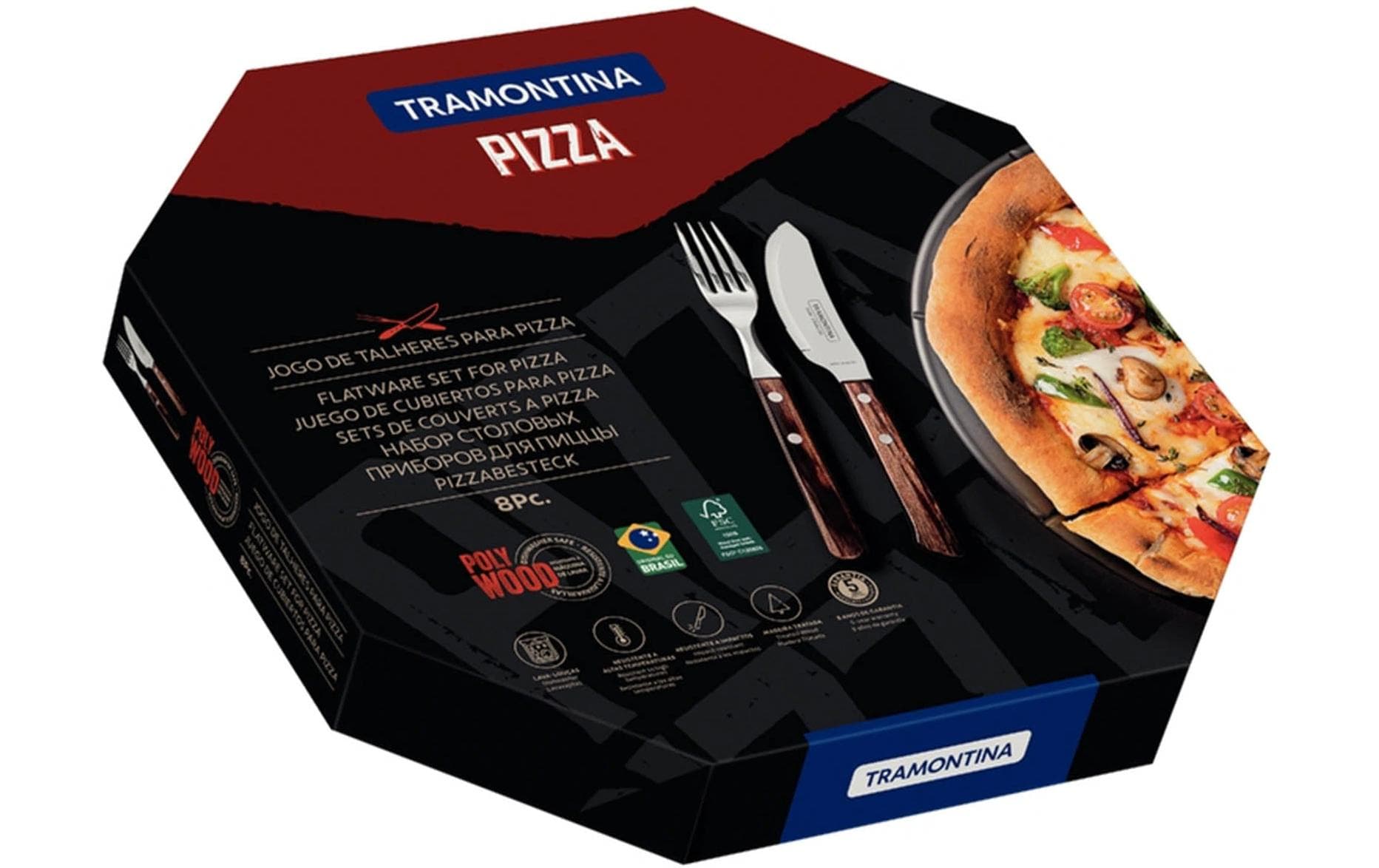 Tramontina Steak-/Pizzamesser-Set – 8-teilig, 25 cm, Edelstahl, Holzgriff, Braun, für Pizza, spülmaschinenfest