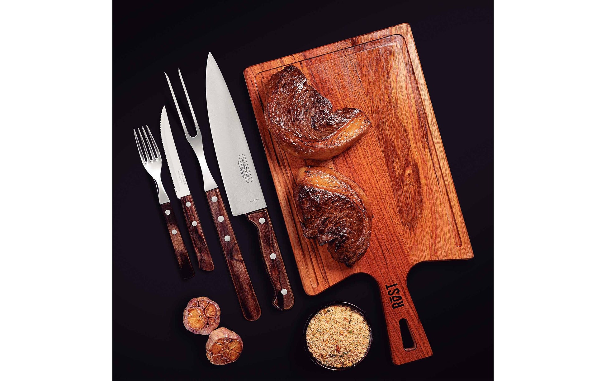 Tramontina Grillbesteck-Set – 14-teilig, 40 cm, Edelstahl, Polywood-Griff, Braun, spülmaschinenfest