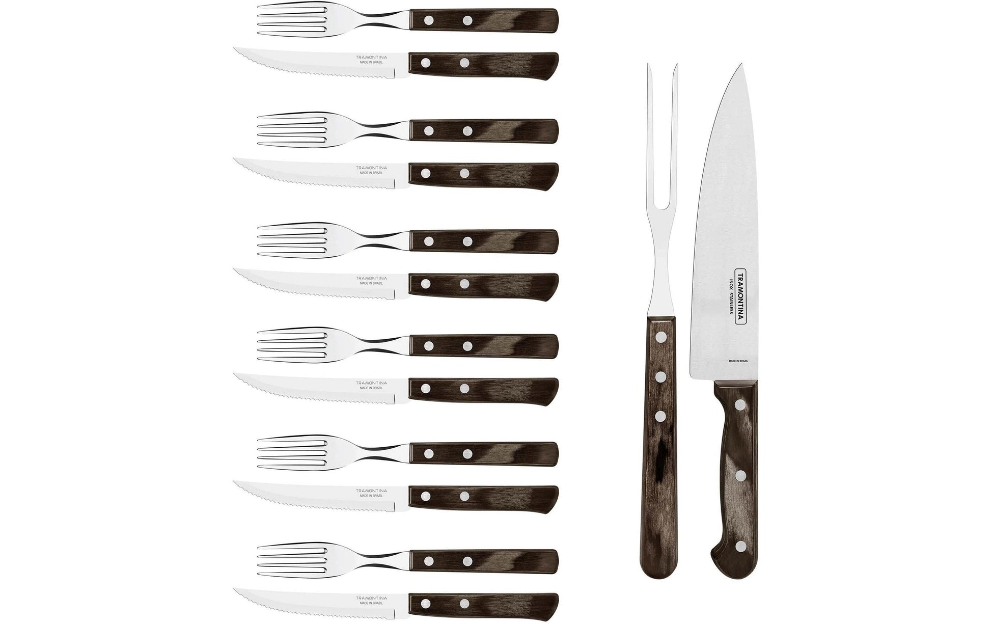 Tramontina Grillbesteck-Set – 14-teilig, 40 cm, Edelstahl, Polywood-Griff, Braun, spülmaschinenfest