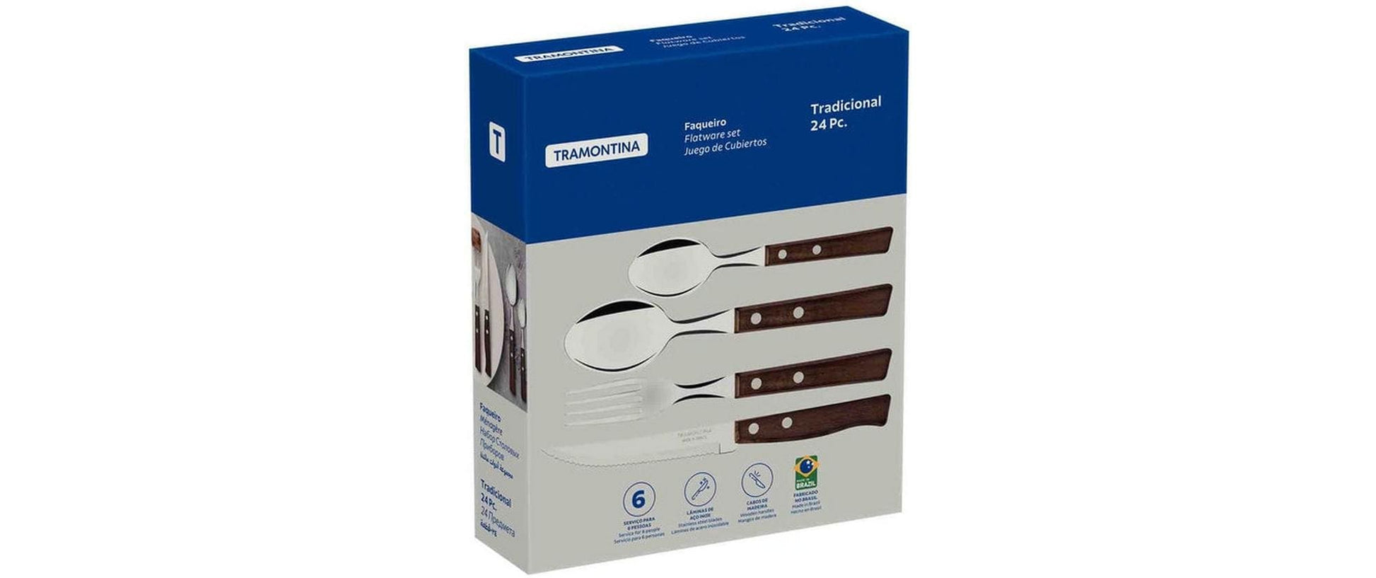 Tramontina TRADICIONAL Grillbesteck-Set – 24-teilig, 20,5 cm, Edelstahl, Holzgriff, Braun