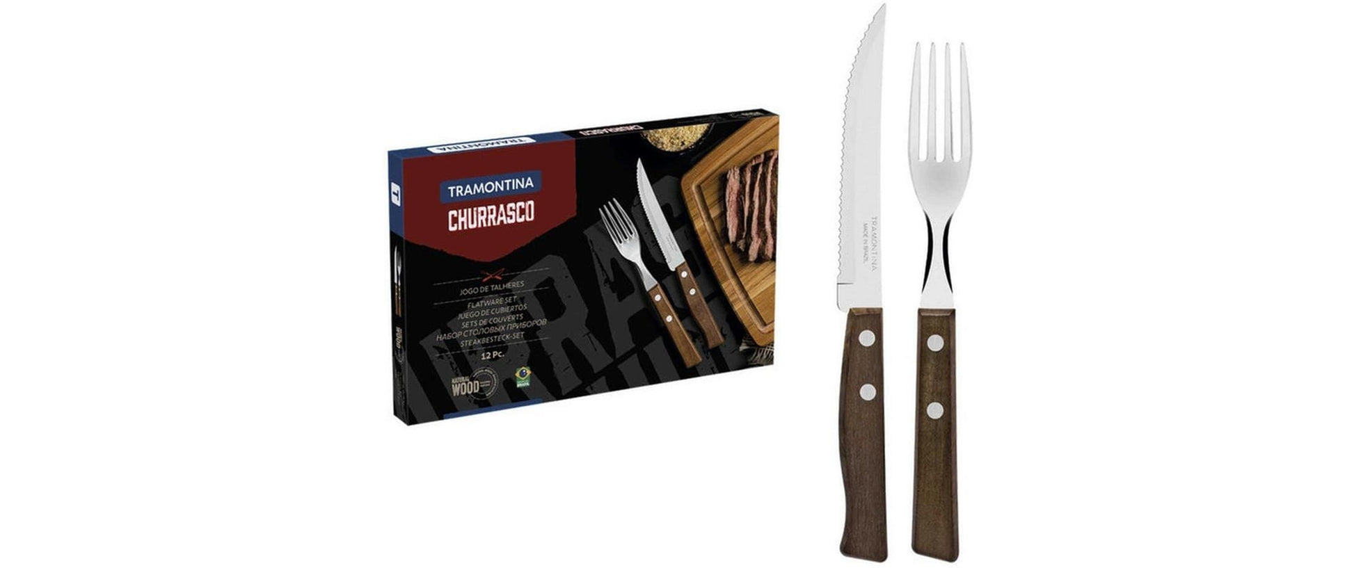 Tramontina TRADICIONAL Grillbesteck-Set – 12-teilig, 35,7 cm, Edelstahl, Holzgriff, Braun, Silber