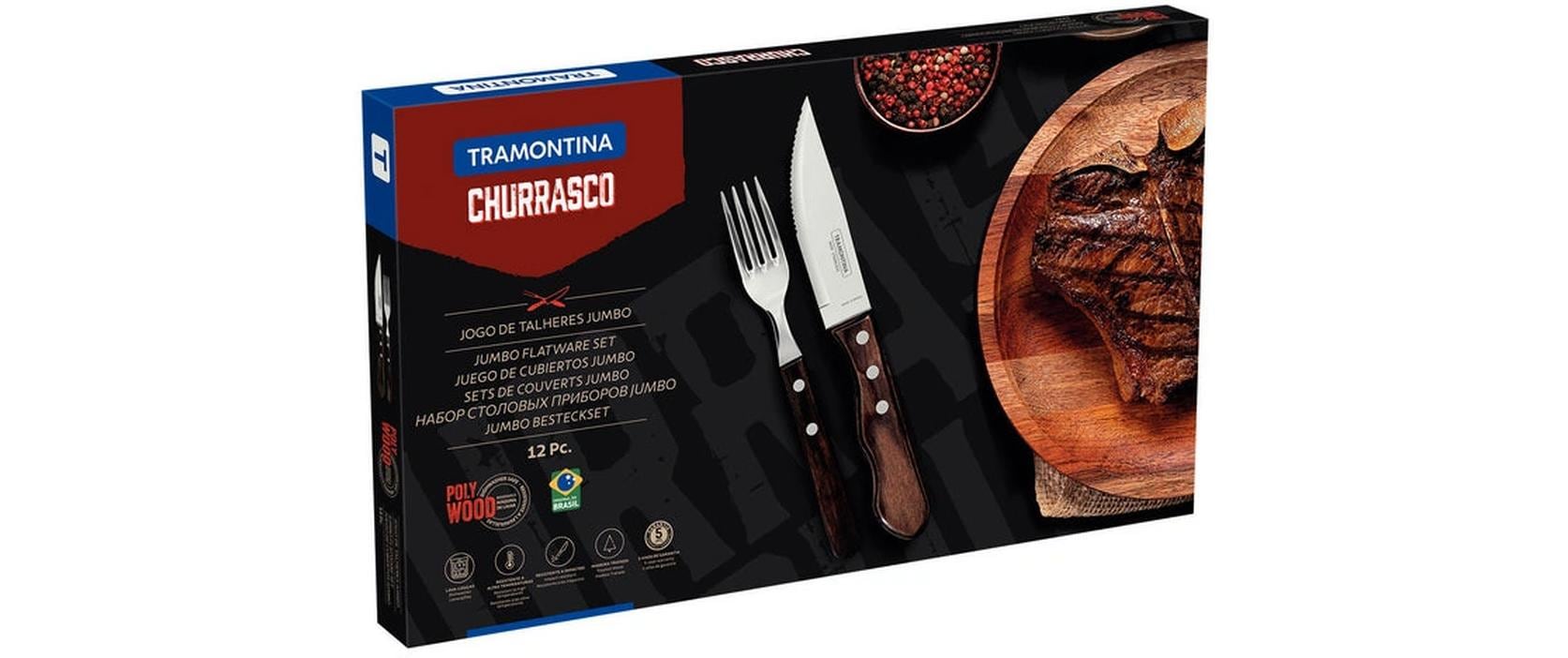 Tramontina Churrasco Jumbo Grillbesteck-Set – 12-teilig, Edelstahl, Polywood-Griff, Braun, spülmaschinenfest