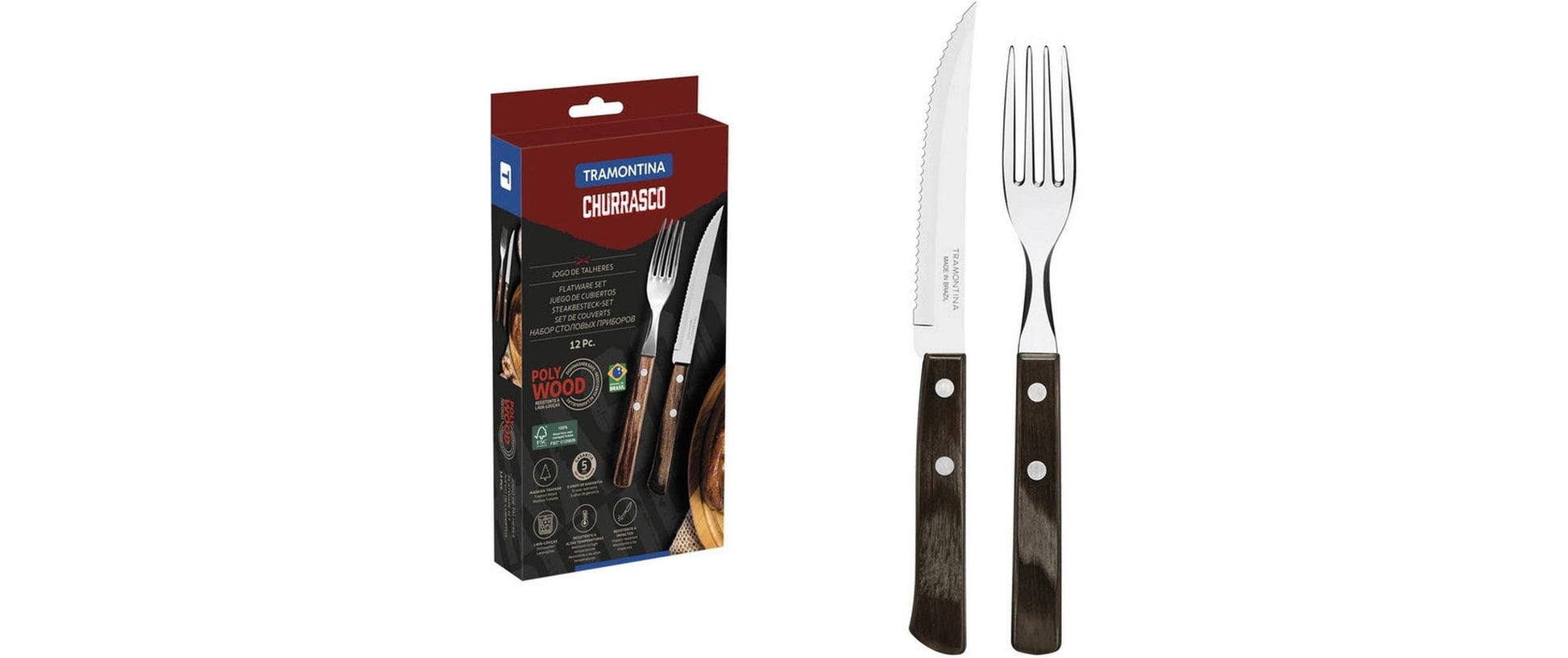 Tramontina Grillbesteck-Set – 12-teilig, 33,2 cm, Edelstahl, Holzgriff, Braun, spülmaschinenfest