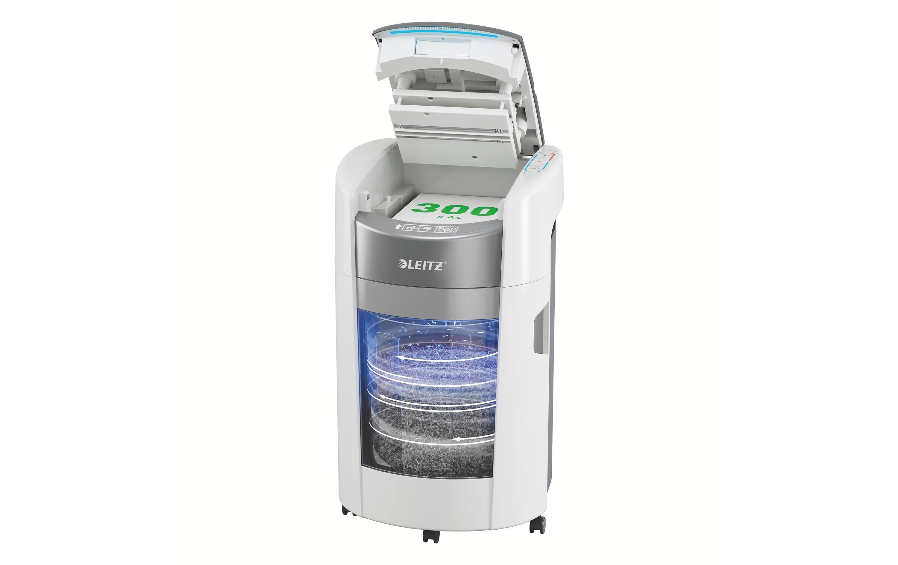 Leitz bürogeräte Leitz IQ OptiMax Autofeed 300M Aktenvernichter – Mikroschnitt, P-5, 2 × 15 mm, AutoFeed 300 Blatt