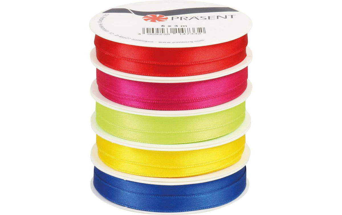 Pattberg Geschenkband, Satin, Assortiert (Blau, Grün, Gelb, Rot, Fuchsie), 10 mm × 3 m, 5 Stk.