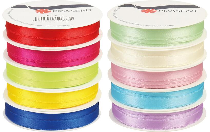 Pattberg Geschenkband, Satin, Assortiert (Blau, Grün, Gelb, Rot, Fuchsie), 10 mm × 3 m, 5 Stk.