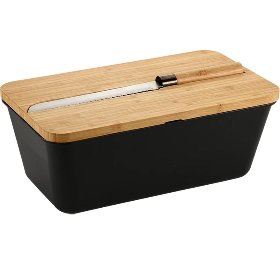 Kesper Lunchbox 3 l, 20 × 34,5 × 13,5 cm, Polypropylen (PP)/Bambus, schwarz, inkl. Schneidebrett und Messer