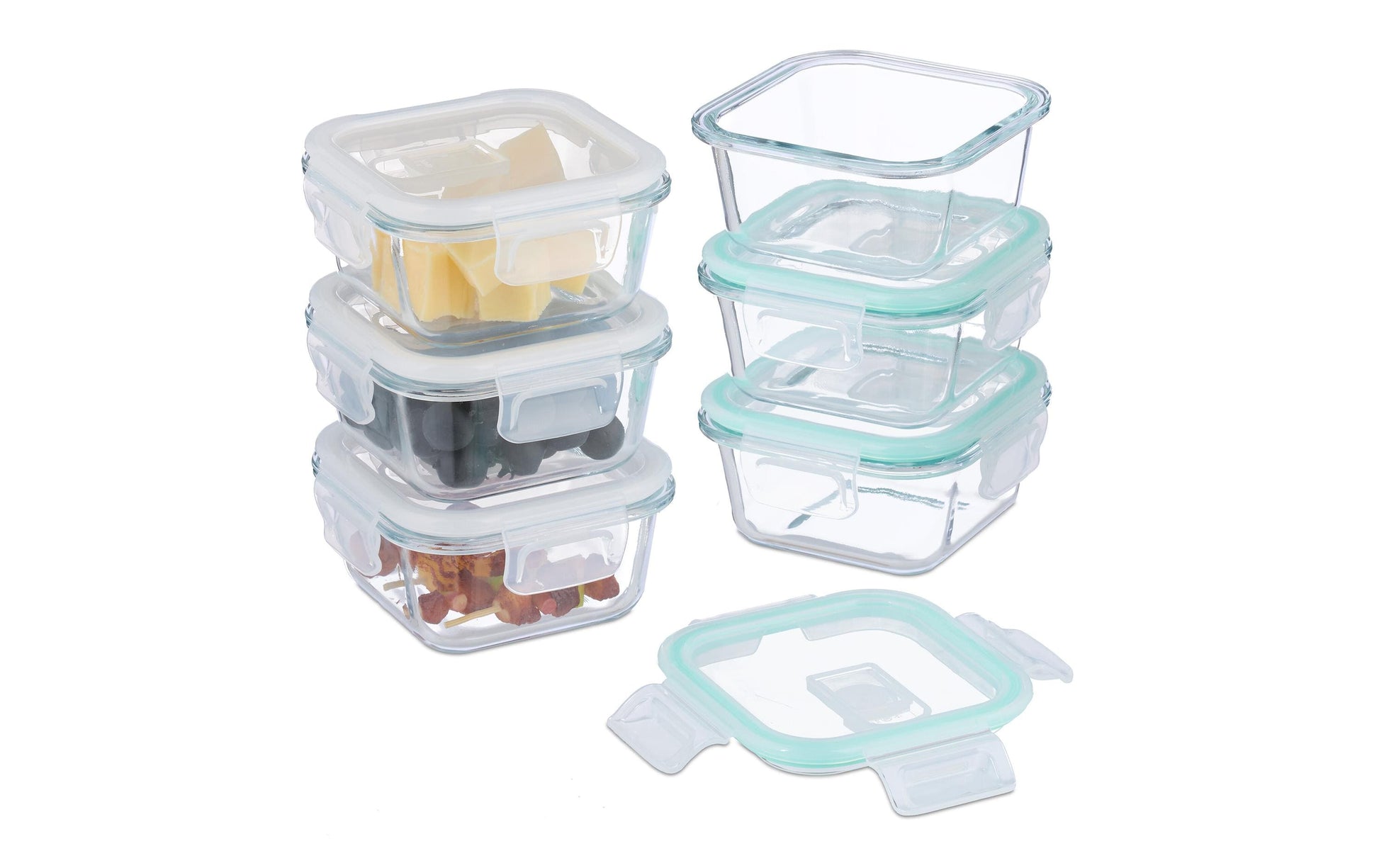 Relaxdays Vorratsdose 520 ml, 14,5 × 14,5 × 7 cm, Glas/Polypropylen (PP)/Silikon, transparent/türkis/weiss