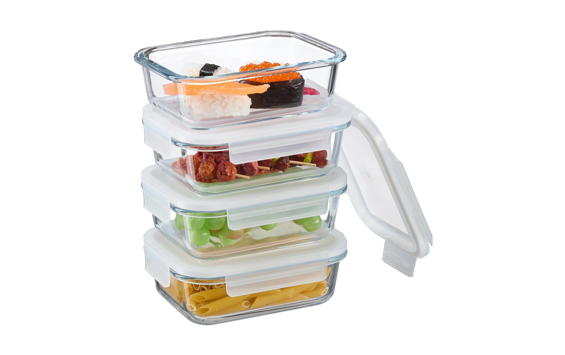 Relaxdays Vorratsdose 640 ml, 18 × 13,5 × 6 cm, Glas/Polypropylen (PP)/Silikon, Transparent/Weiss