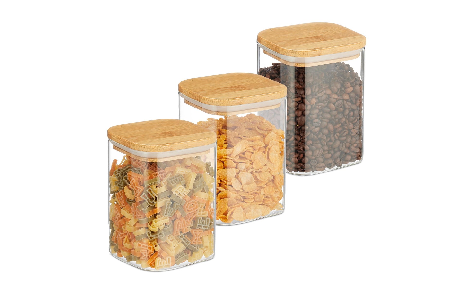 Relaxdays Vorratsdose 3er-Set 900 ml, 10 × 10 × 13,5 cm, Glas/Bambus/Silikon, Transparent/Natur