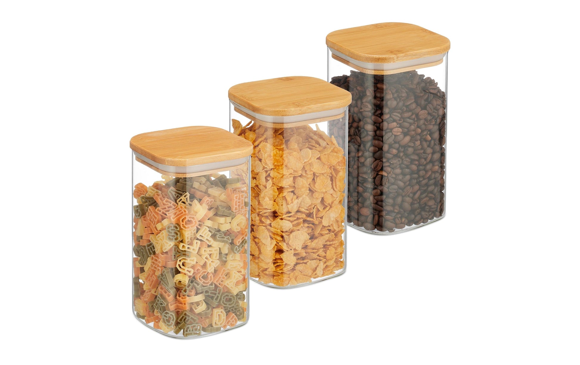 Relaxdays Vorratsdose 1,2 l, 10 × 10 × 17,5 cm, Glas (Borosilikat)/Bambus/Silikon, 3 Stk.