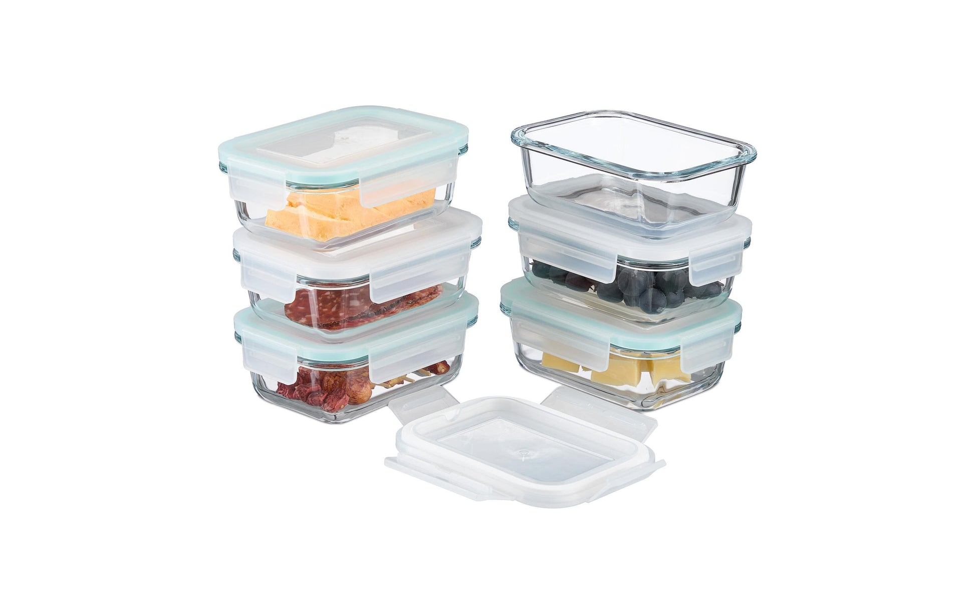 Relaxdays Vorratsdose 370 ml, 15,5 × 11 × 6 cm, Glas/Polypropylen (PP)/Silikon, transparent/türkis/weiss