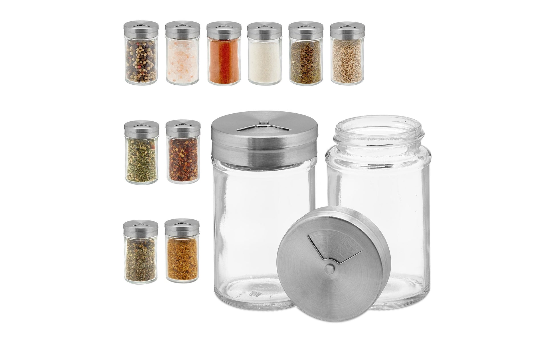 Relaxdays Streudose 90 ml, Ø 5 × 8,5 cm, Glas/Edelstahl/Kunststoff, transparent/silber
