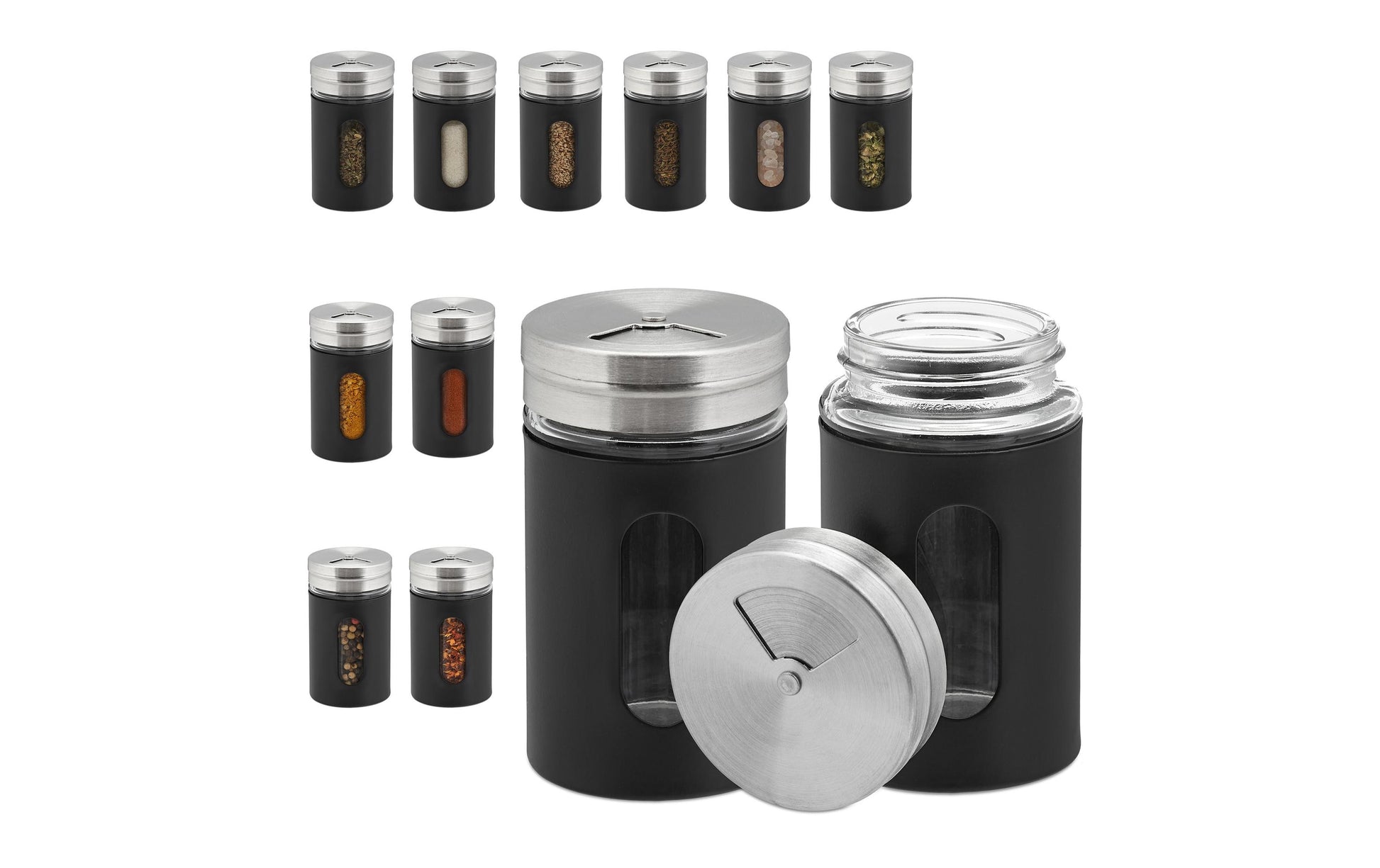 Relaxdays Streudose 900 ml, Ø 5 × 8,5 cm, Edelstahl/Glas, 12er-Set, Schwarz/Silber/Transparent