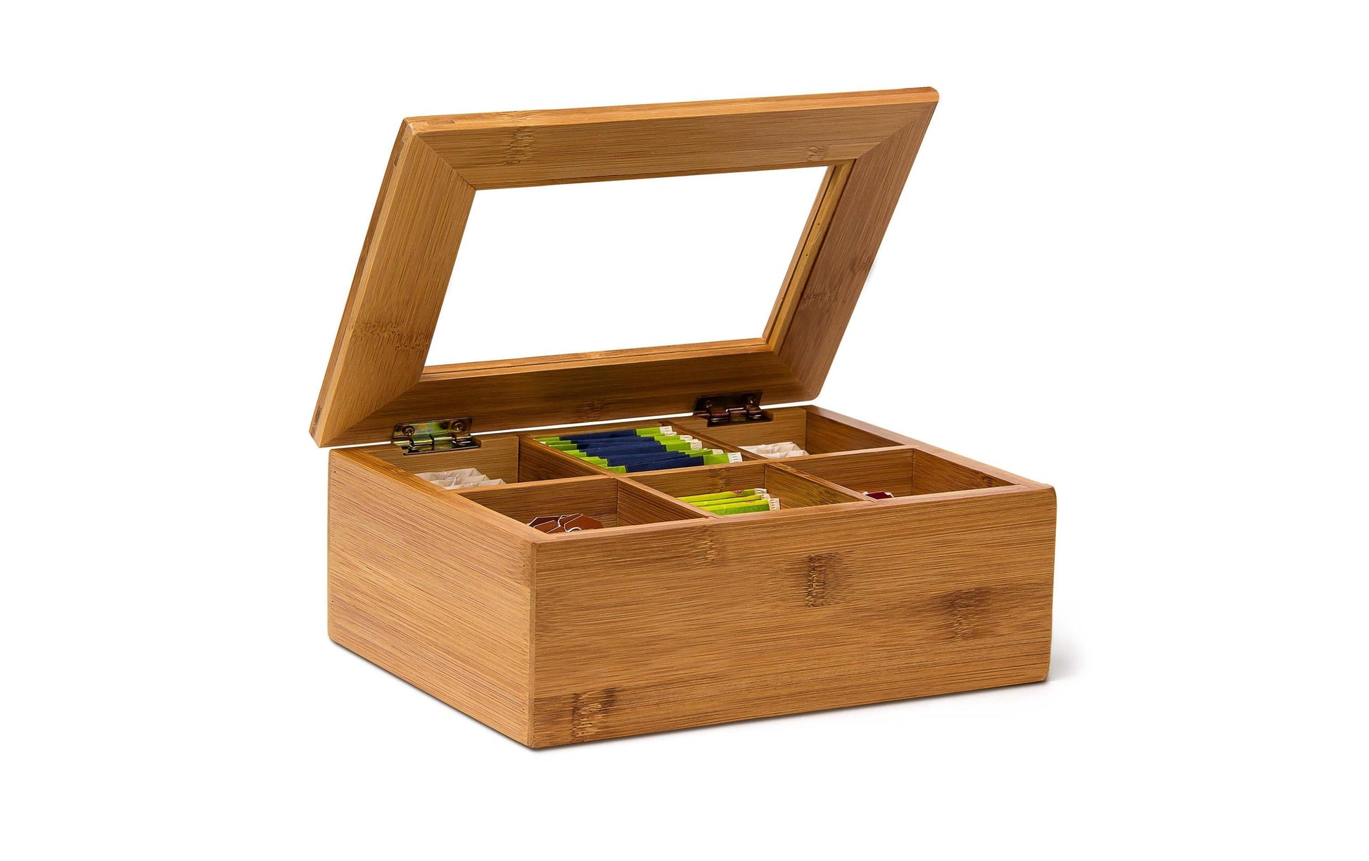 Relaxdays Teebeutelbox Bambus/Kunststoff, 6 Fächer, 22 × 16 × 9 cm