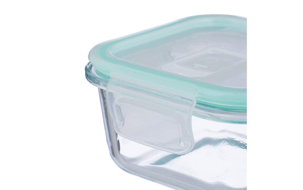 Relaxdays Vorratsdose 520 ml, 14,5 × 14,5 × 7 cm, Glas/Polypropylen (PP)/Silikon, transparent/türkis/weiss