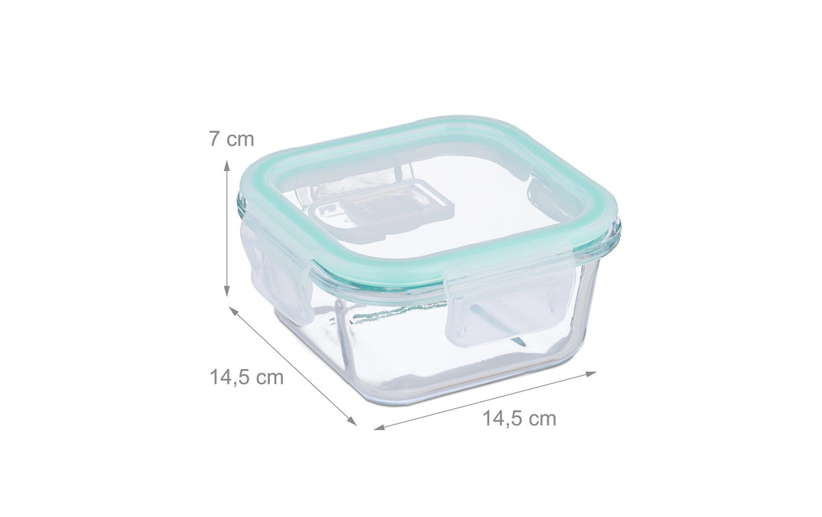 Relaxdays Vorratsdose 520 ml, 14,5 × 14,5 × 7 cm, Glas/Polypropylen (PP)/Silikon, transparent/türkis/weiss