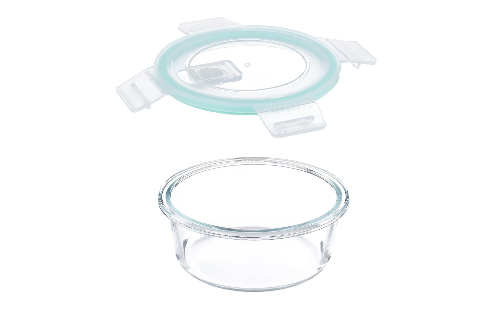Relaxdays Vorratsdose 400 ml, Ø 14 × 6 cm, Glas/Polypropylen (PP)/Silikon, transparent/türkis/weiss