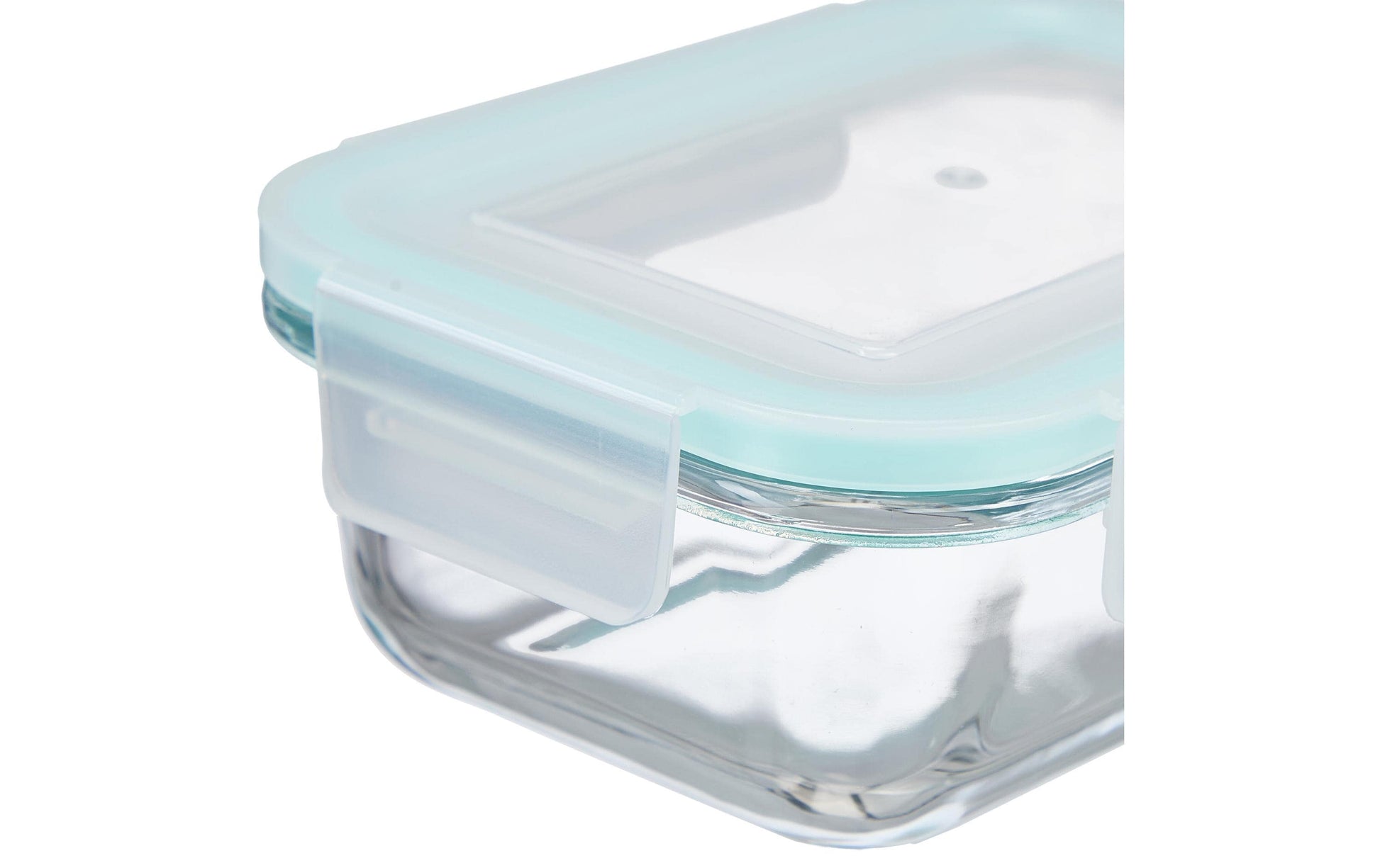 Relaxdays Vorratsdose 370 ml, 15,5 × 11 × 6 cm, Glas/Polypropylen (PP)/Silikon, transparent/türkis/weiss