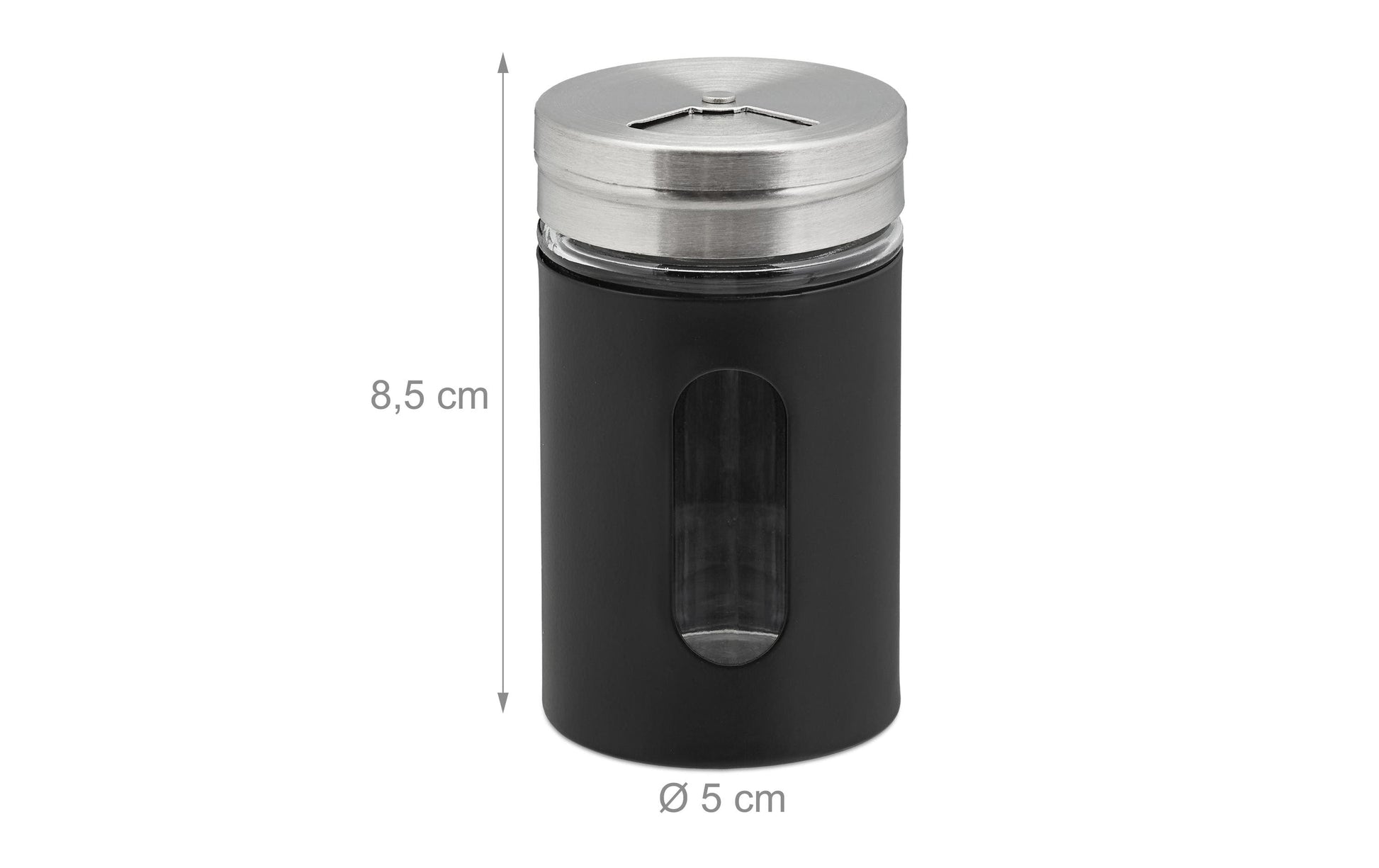 Relaxdays Streudose 900 ml, Ø 5 × 8,5 cm, Edelstahl/Glas, 12er-Set, Schwarz/Silber/Transparent