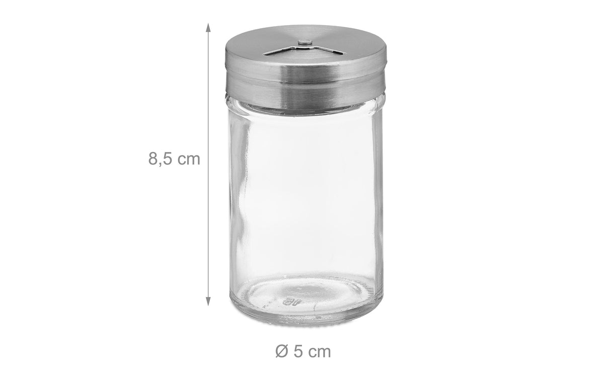 Relaxdays Streudose 90 ml, Ø 5 × 8,5 cm, Glas/Edelstahl/Kunststoff, transparent/silber