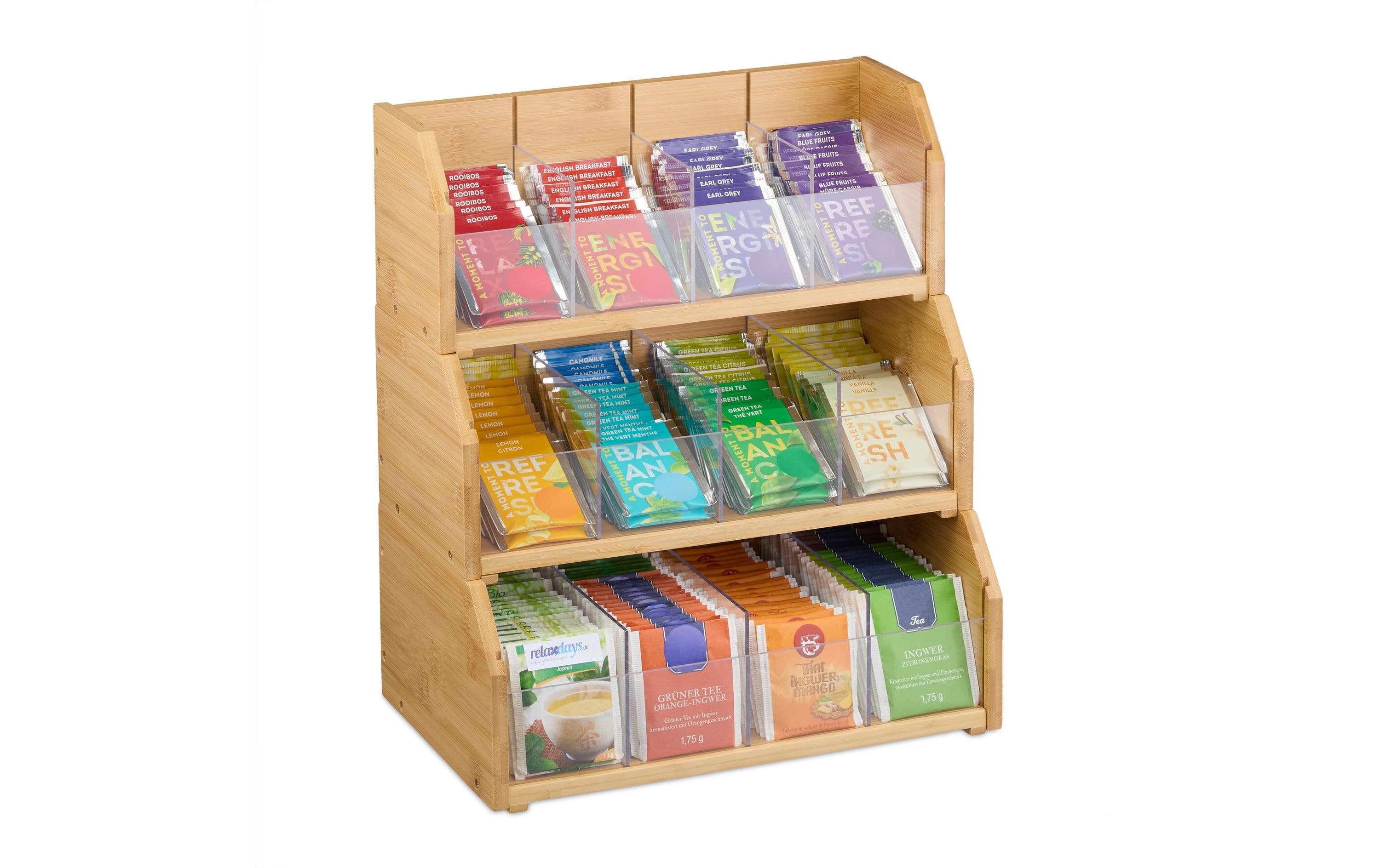 Relaxdays Teebeutelbox Bambus/Acryl, 12 Fächer, 31 × 19 × 36 cm, Hellbraun/Transparent