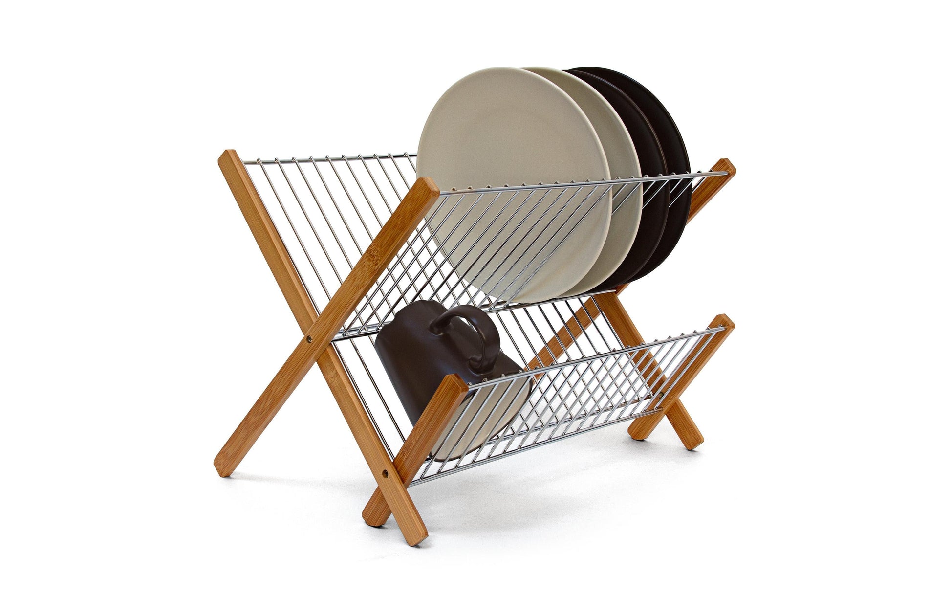 Relaxdays Abtropfgestell 39 × 29 × 27 cm, Bambus/Metall, Braun/Silber