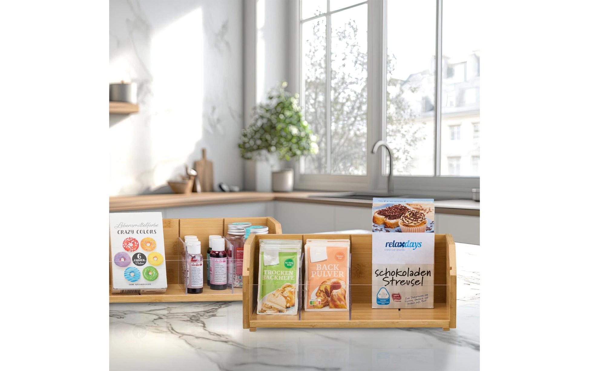Relaxdays Teebeutelbox Bambus/Acryl, 12 Fächer, 31 × 19 × 36 cm, Hellbraun/Transparent