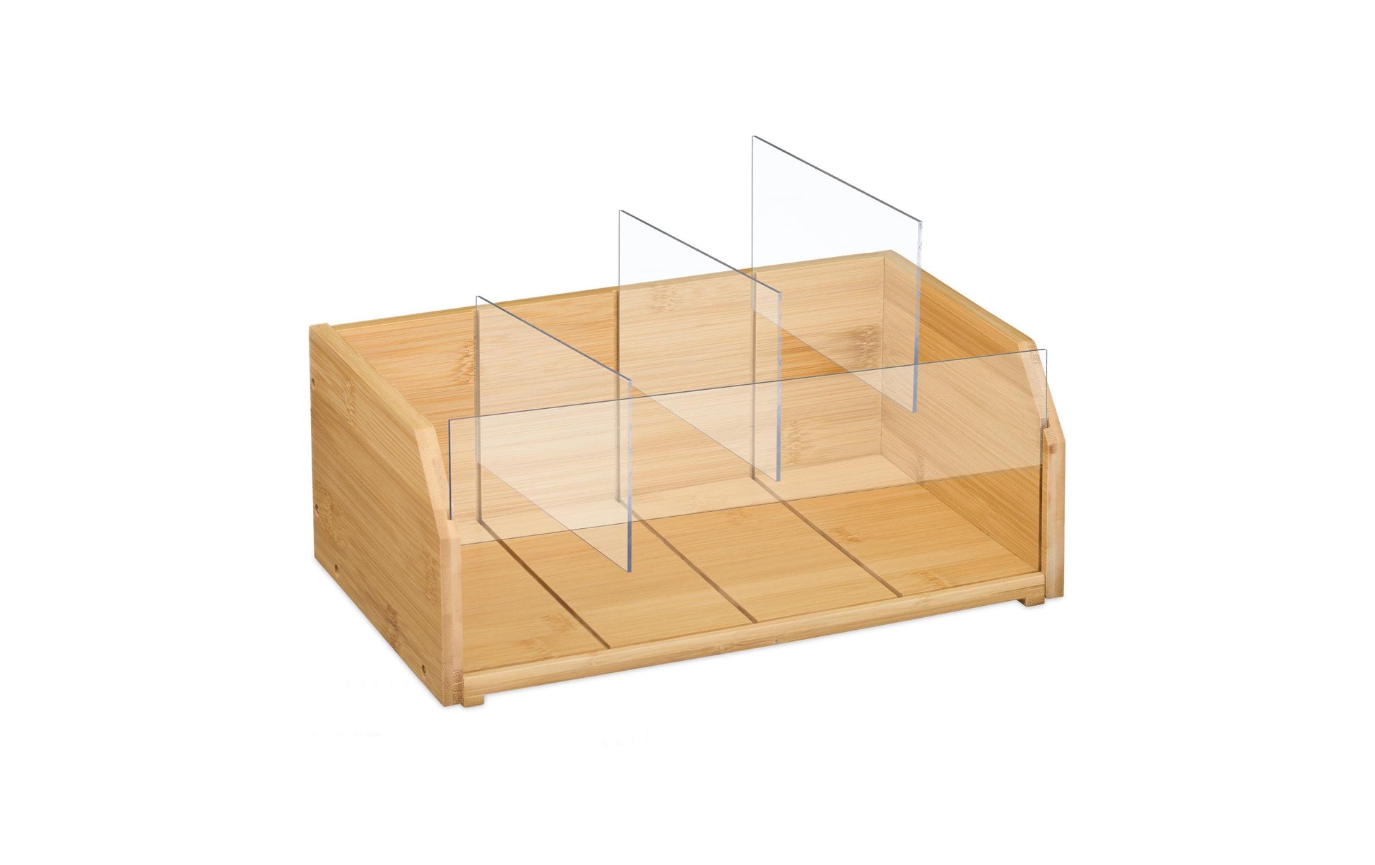 Relaxdays Teebeutelbox Bambus/Acryl, 12 Fächer, 31 × 19 × 36 cm, Hellbraun/Transparent
