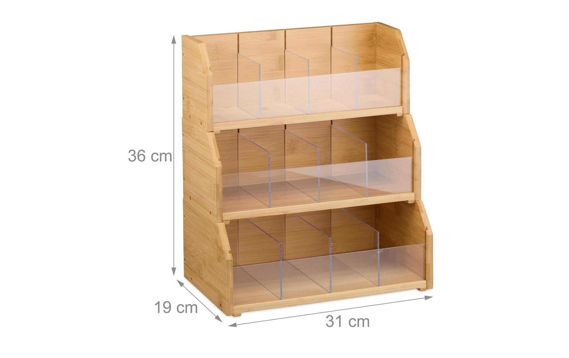 Relaxdays Teebeutelbox Bambus/Acryl, 12 Fächer, 31 × 19 × 36 cm, Hellbraun/Transparent