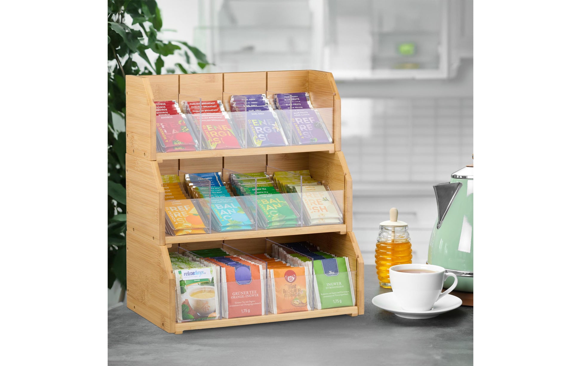 Relaxdays Teebeutelbox Bambus/Acryl, 12 Fächer, 31 × 19 × 36 cm, Hellbraun/Transparent