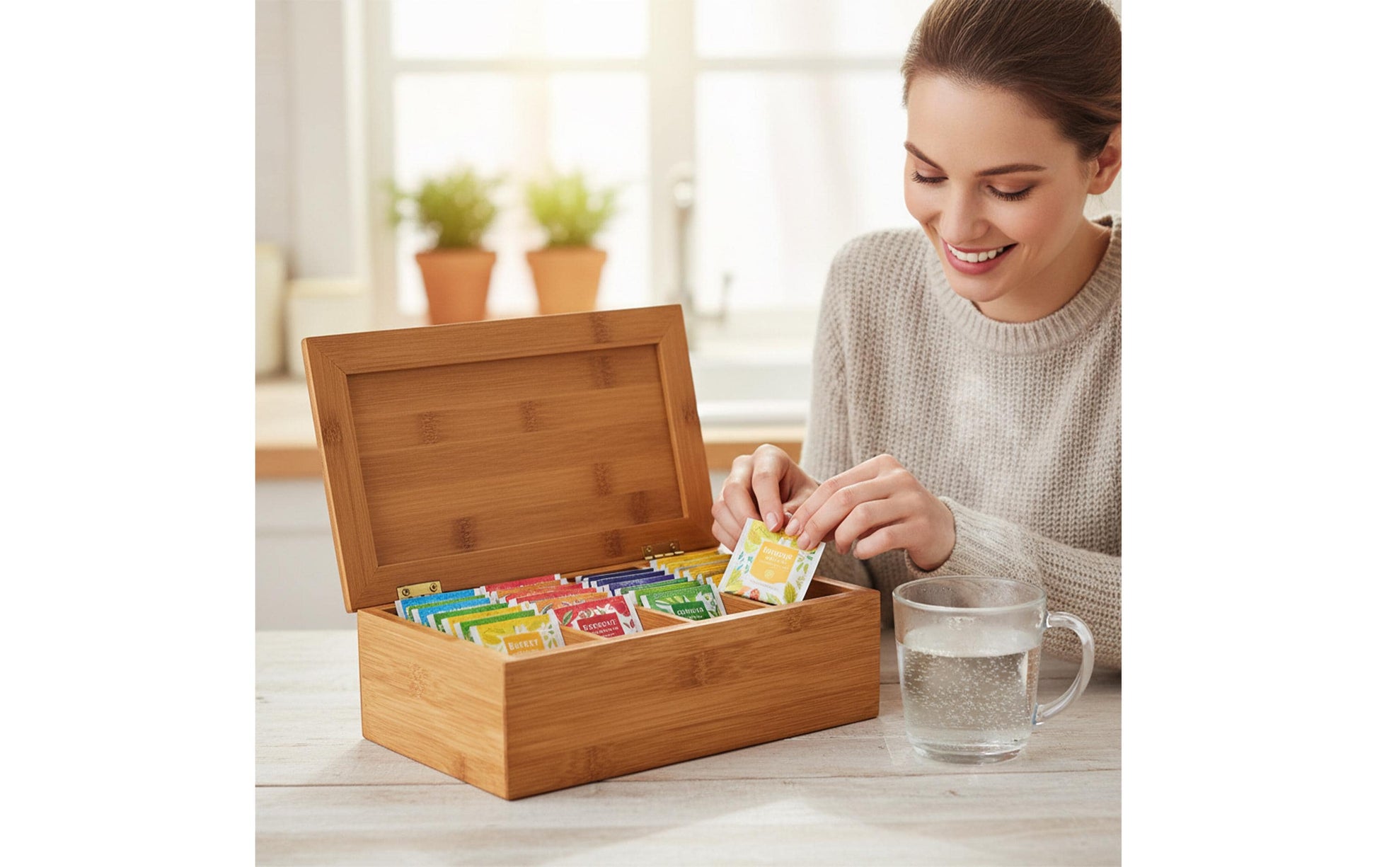 Relaxdays Teebeutelbox Bambus, 4 Fächer, 27,5 × 15,5 × 9 cm, Braun