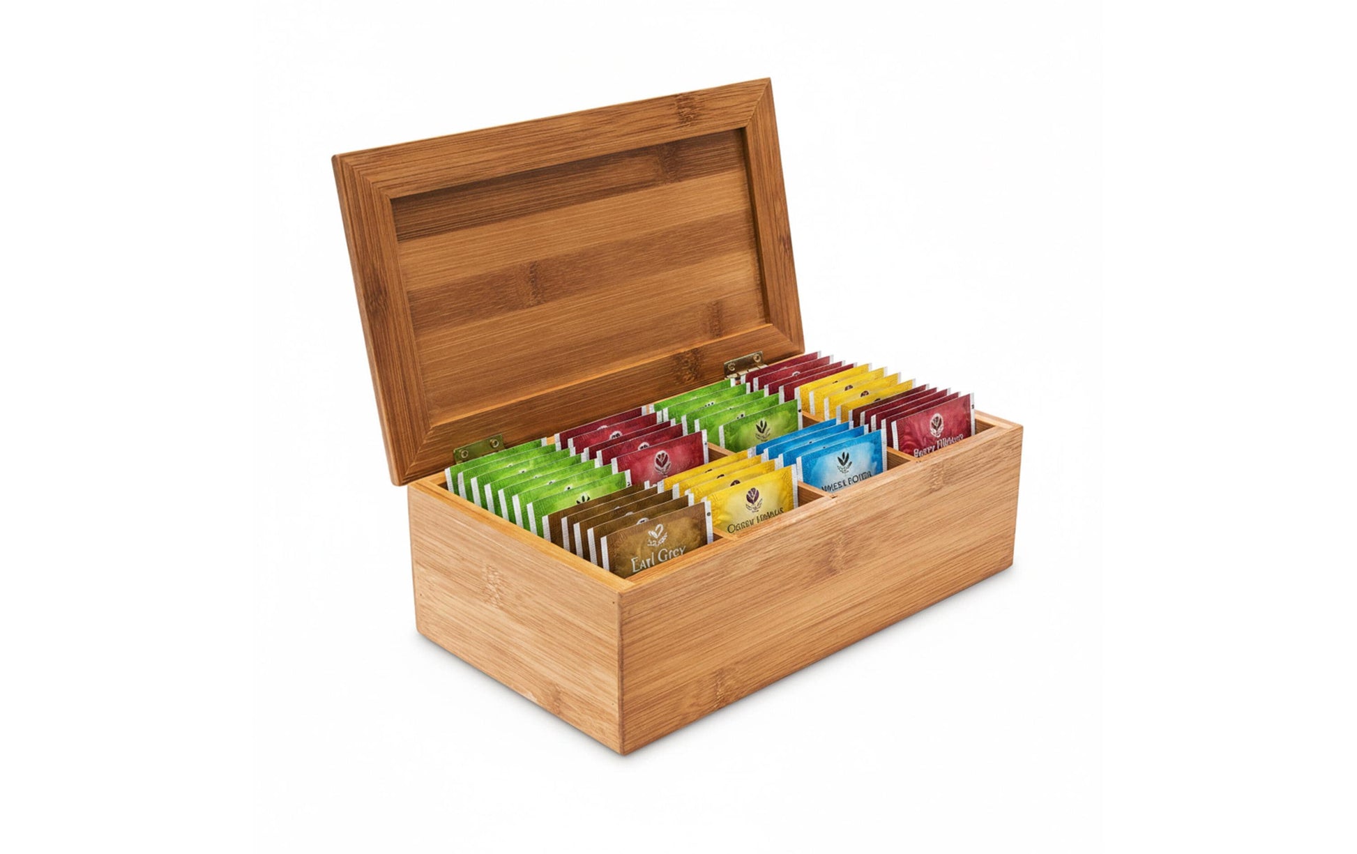 Relaxdays Teebeutelbox Bambus, 4 Fächer, 27,5 × 15,5 × 9 cm, Braun