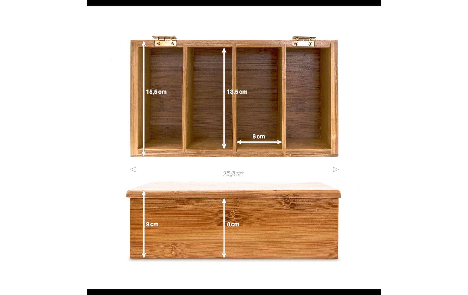 Relaxdays Teebeutelbox Bambus, 4 Fächer, 27,5 × 15,5 × 9 cm, Braun