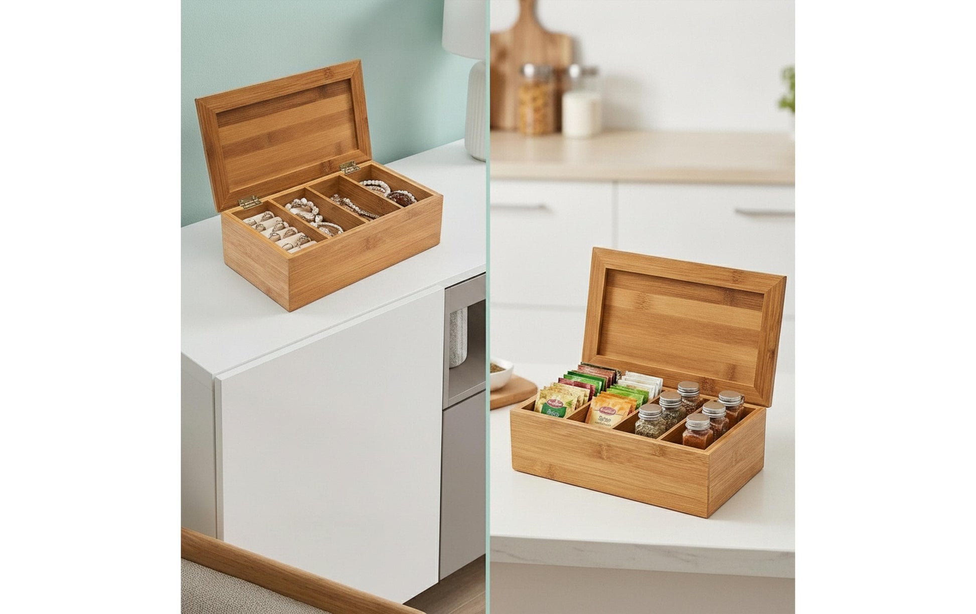 Relaxdays Teebeutelbox Bambus, 4 Fächer, 27,5 × 15,5 × 9 cm, Braun