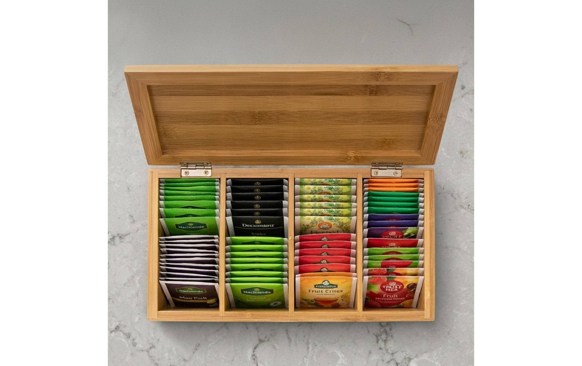 Relaxdays Teebeutelbox Bambus, 4 Fächer, 27,5 × 15,5 × 9 cm, Braun