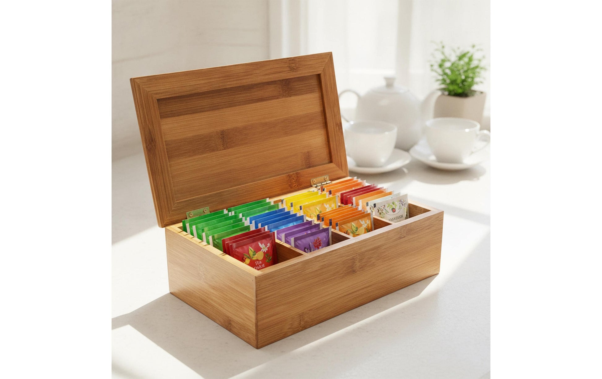 Relaxdays Teebeutelbox Bambus, 4 Fächer, 27,5 × 15,5 × 9 cm, Braun