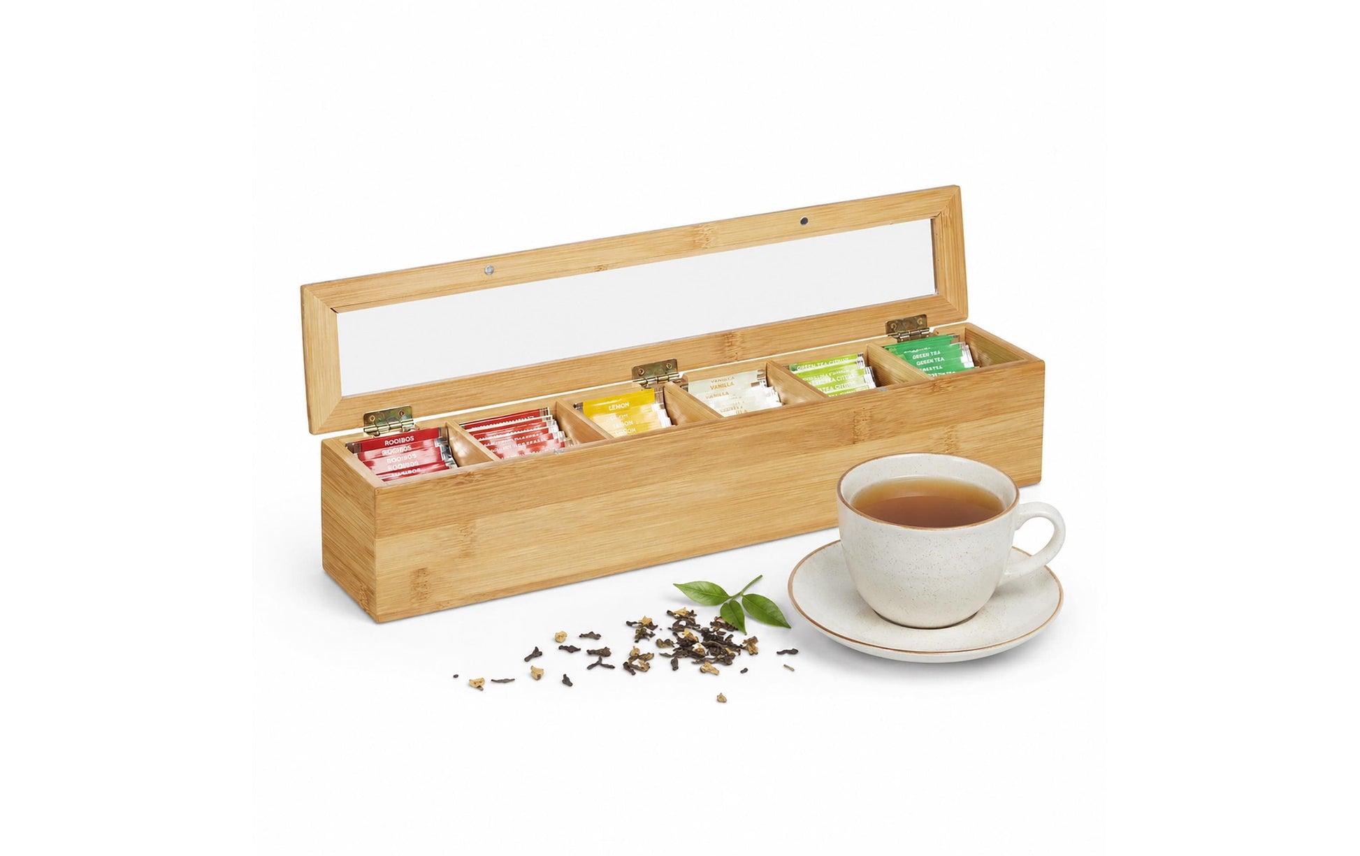 Relaxdays Teebeutelbox Bambus/Kunststoff, 6 Fächer, 44 × 9 × 9 cm, Braun