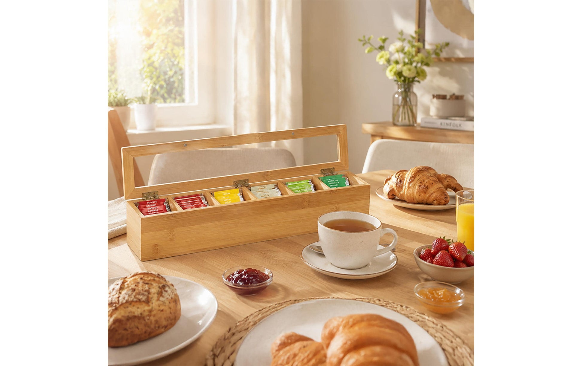 Relaxdays Teebeutelbox Bambus/Kunststoff, 6 Fächer, 44 × 9 × 9 cm, Braun