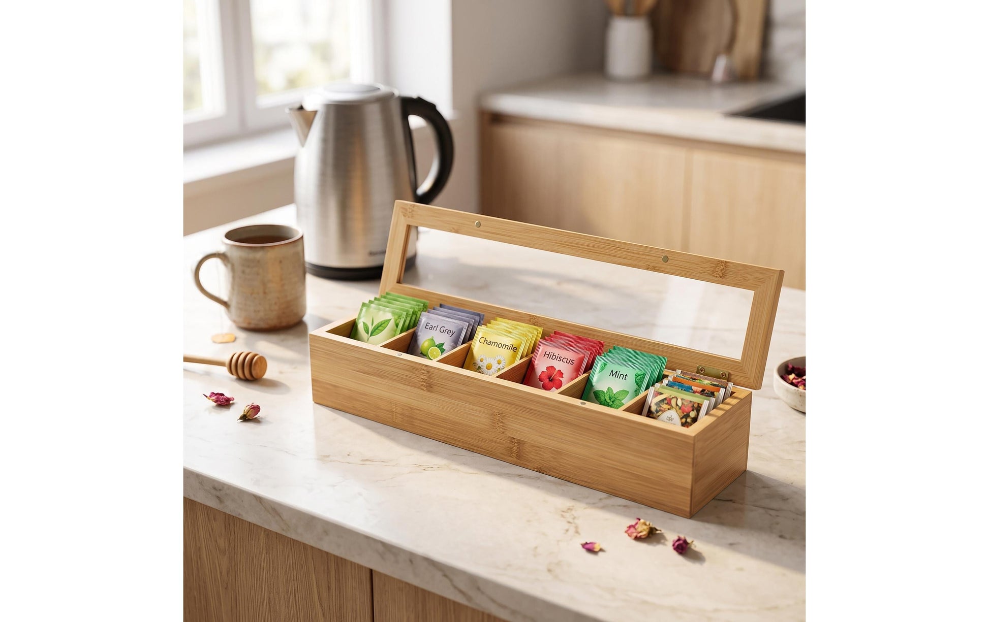Relaxdays Teebeutelbox Bambus/Kunststoff, 6 Fächer, 44 × 9 × 9 cm, Braun