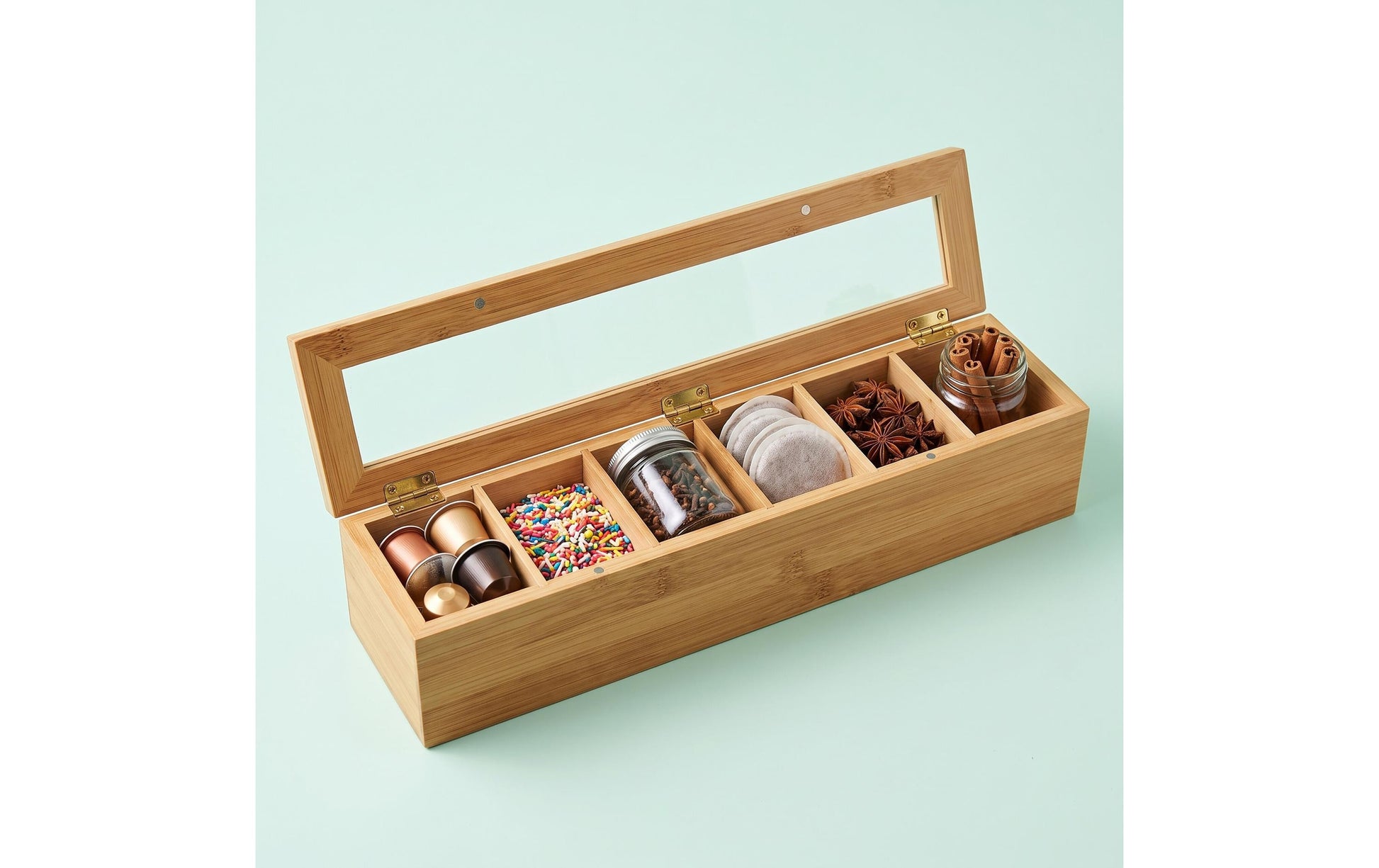 Relaxdays Teebeutelbox Bambus/Kunststoff, 6 Fächer, 44 × 9 × 9 cm, Braun
