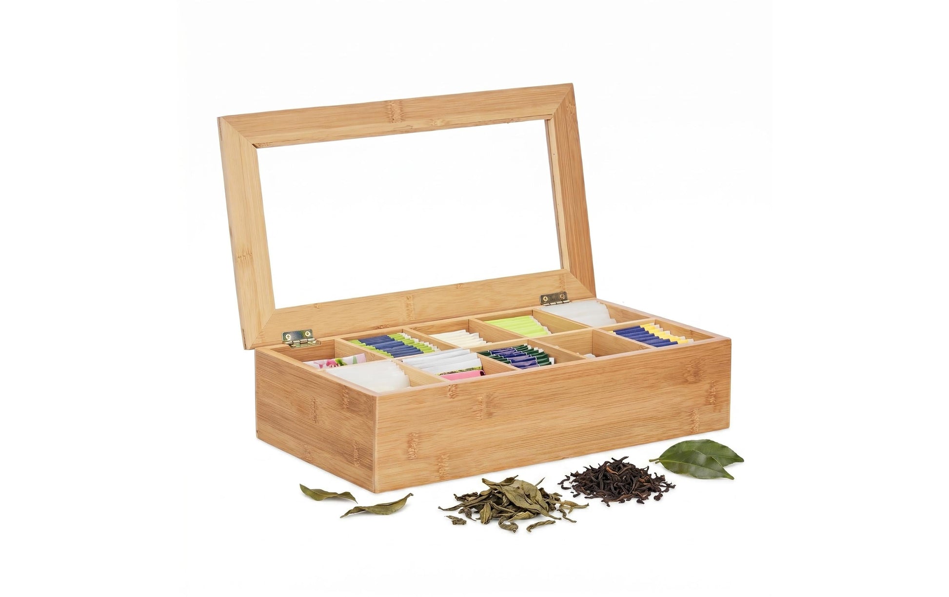 Relaxdays Teebeutelbox Bambus/Kunststoff/Faserplatte, 10 Fächer, 36,5 × 20 × 9 cm