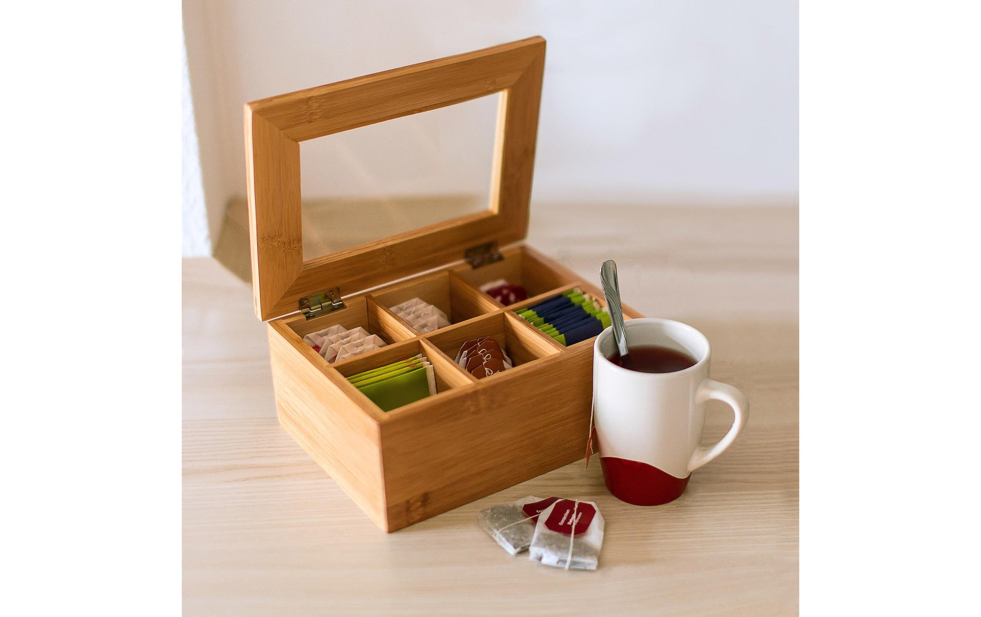 Relaxdays Teebeutelbox Bambus/Kunststoff, 6 Fächer, 22 × 16 × 9 cm