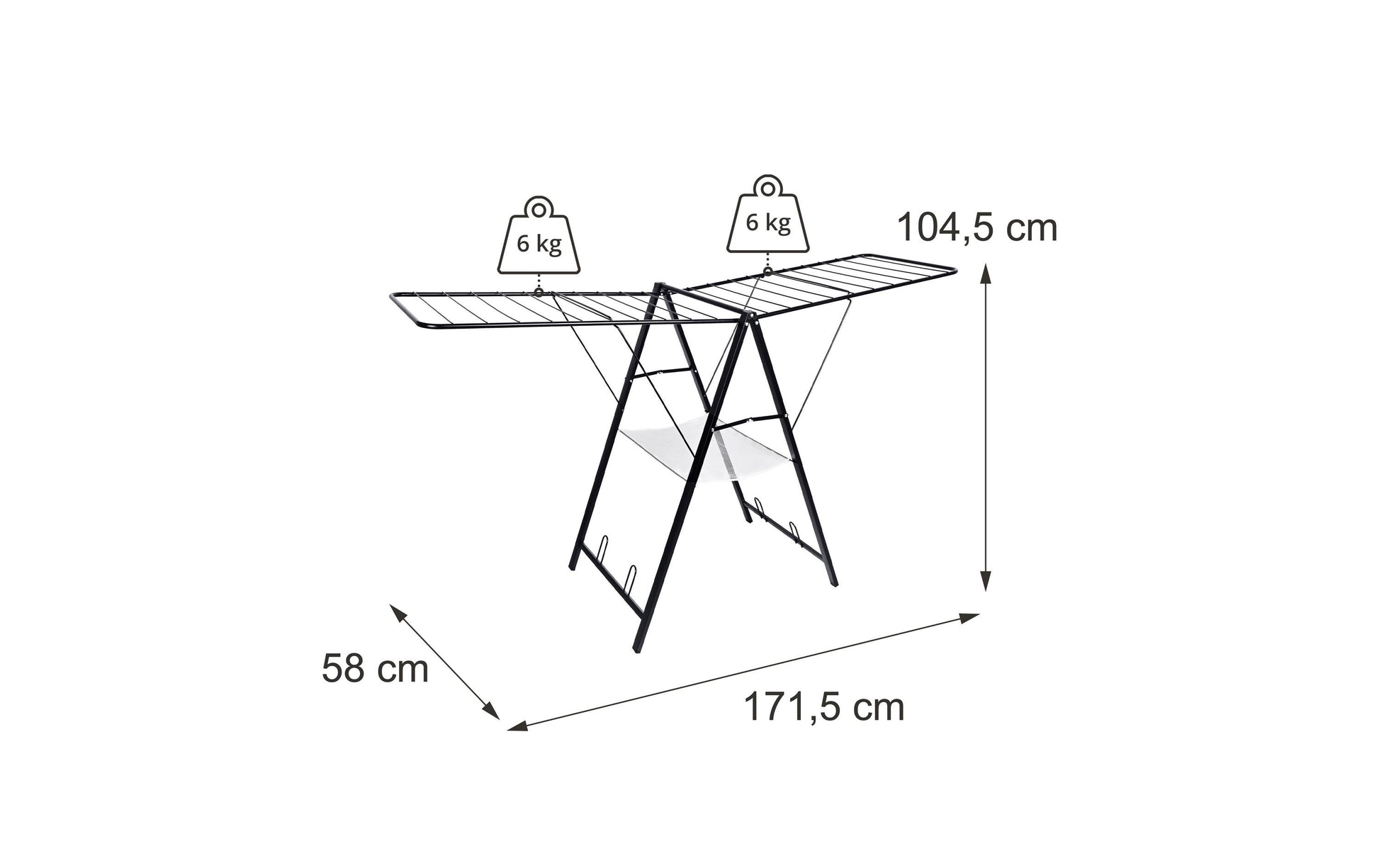 Relaxdays Wäscheständer – faltbar, 12 kg Tragkraft – Stahl/Kunststoff – schwarz – 1710 × 1045 × 580 mm